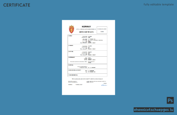 Norwegische Geburtsurkunde – Beispielvorschau in Word und PDF